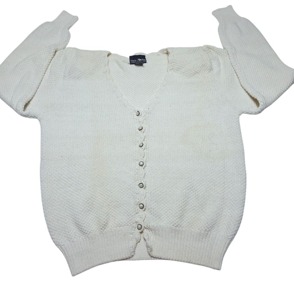 Vintage Cardigan Sweater Hunters Run Ivory Knited Pearl Button-Up Large 90's
